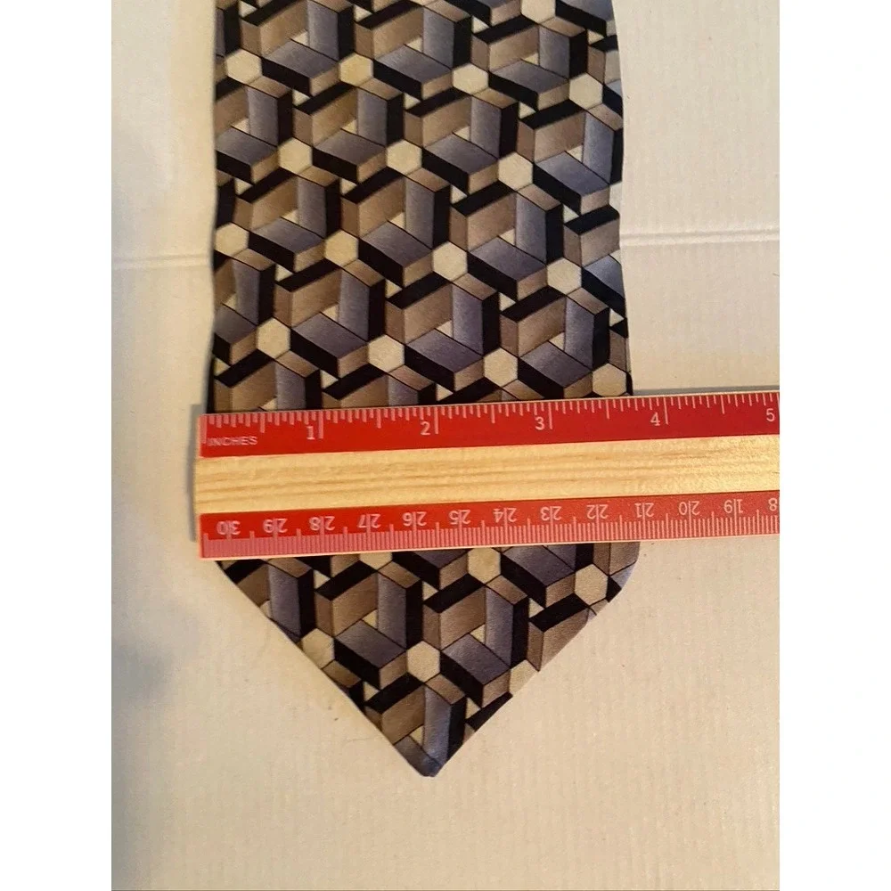 Carlo Palazzi Couture Silk Tie Brown Grey Geometric 3D Cube Pattern Mens USA